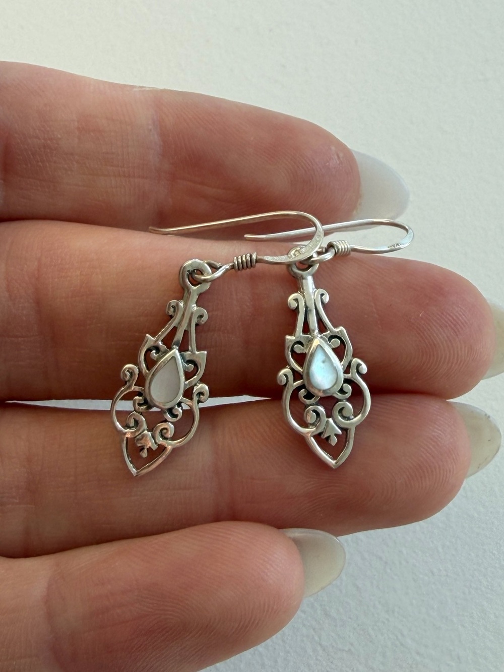 Vintage Sterling Silver Opal Filigree Dangle Earrings